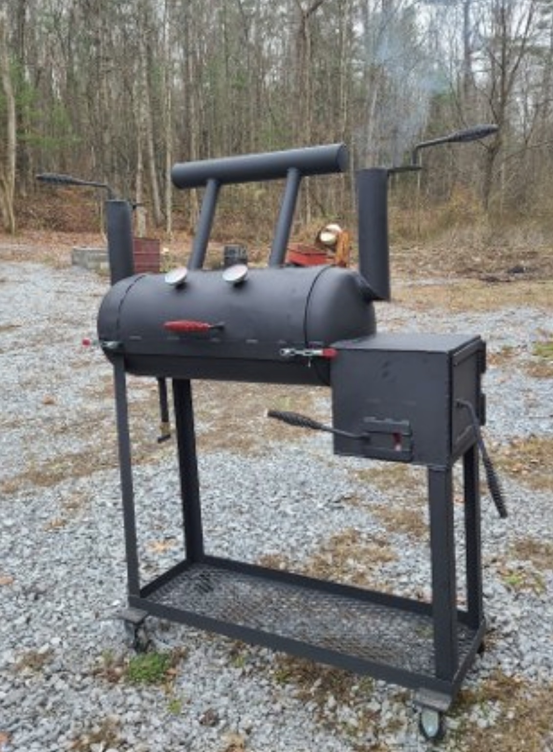 Compact custom offset smoker on casters